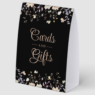Elegante florale schwarze Boho-Hochzeitskarten und Tischaufsteller