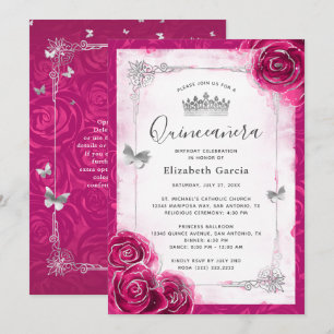 Elegante Florale Silber- und Fuchsia-Quinceanera Einladung