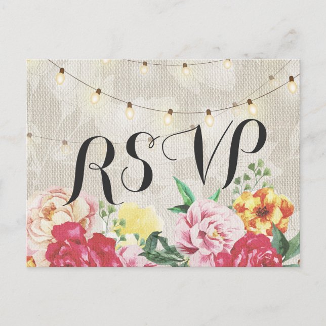 Elegante florale String Lights Linen Wedding RSVP Einladungspostkarte (Vorderseite)