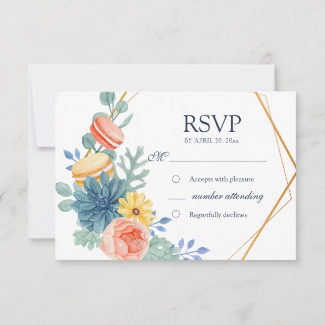 Elegante florale Sukkulente Macaron Hochzeit RSVP Karte (Vorderseite)