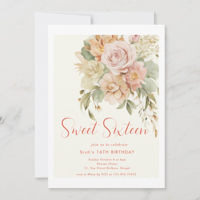 Elegante florale Sweet 16 Birthday Einladungskarte (Vorderseite)