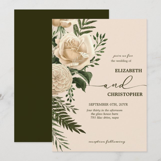 Elegante florale Vegetation und Cream Bouquets Wed Einladung (Vorne/Hinten)
