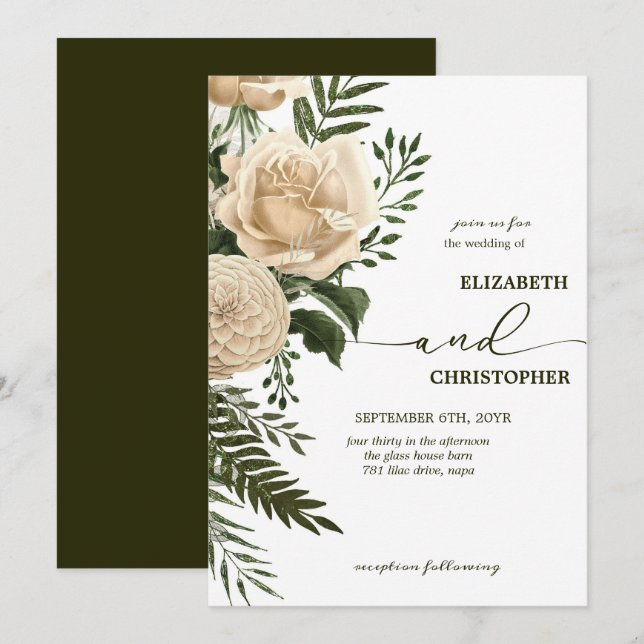 Elegante florale Vegetation und Cream Bouquets Wed Einladung (Vorne/Hinten)