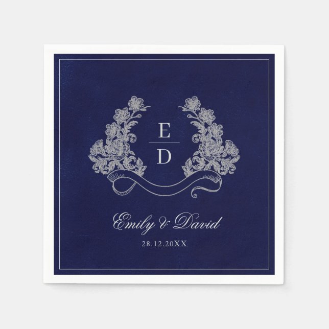Elegante florale Wappen Navy Monogramm Serviette (Vorderseite)