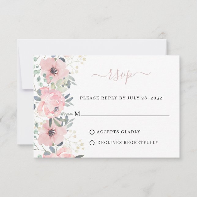 Elegante florale Wasserfarbe Dusty Blush Pink Hoch RSVP Karte (Vorderseite)