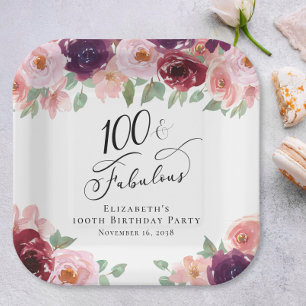 Elegante Florale Wasserfarben 100. Geburtstagsfeie Pappteller