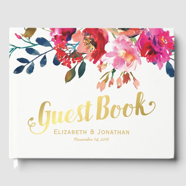 Elegante florale Wasserfarben Stilvolle Goldene Ho Gästebuch (Vorderseite)