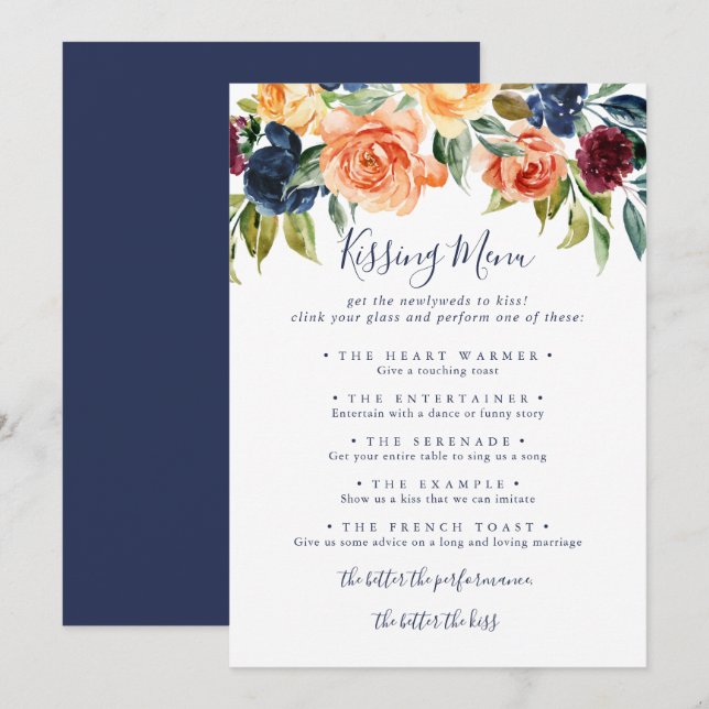 Elegante florale Wedding Kissing Menu Game Card (Vorne/Hinten)