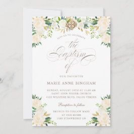 Elegante florale weiße Beige Kalligrafie Taufe Einladung