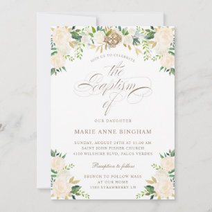 Elegante florale weiße Beige Kalligrafie Taufe Einladung