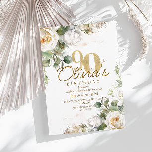 Elegante Florale Weiße Rosen & Gold 90. Geburtstag Einladung