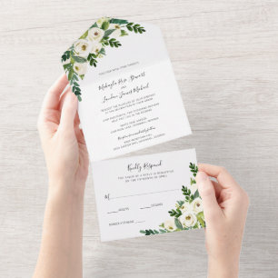 Elegante Florale Weiße Rosen Grüne Hochzeit All In One Einladung