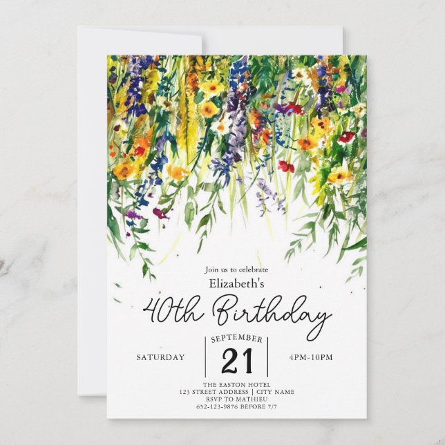 Elegante florale Wildblumen 40. Geburtstag Einladung (Vorderseite)