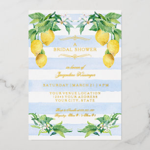 Elegante Florale Zitronen Blau Goldfolie Brautpart Folieneinladung