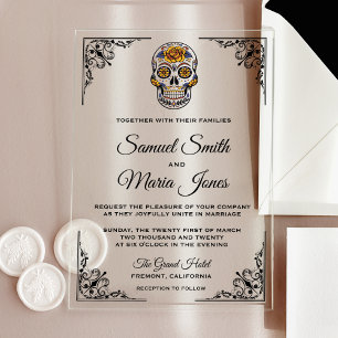 Elegante florale Zuckerschädel-Hochzeit Acryleinladungen