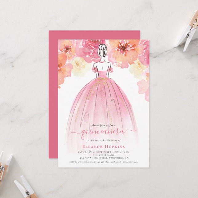 Elegante Florals Dress Pink Quinceanera Einladung (Vorderseite/Rückseite Beispiel)