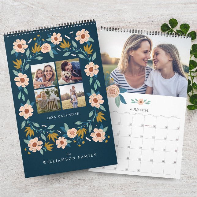 Elegante Florals Foto Collage Erinnerungen Kalender (Elegant Florals Photo Collage Family Memories Calendar)