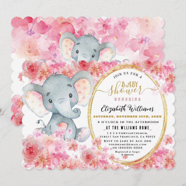 Elegante FloralWasserfarbe Niedlich Elephant Babyd Einladung (Vorne/Hinten)