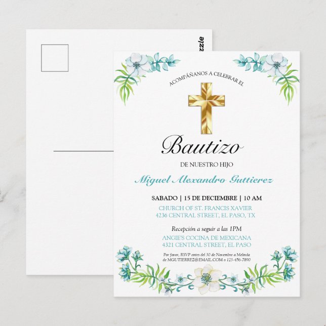 Elegante Flores y Cruz Para Niño Bautizo Einladung Postkarte (Vorne/Hinten)