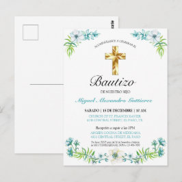 Elegante Flores y Cruz Para Niño Bautizo Einladung Postkarte