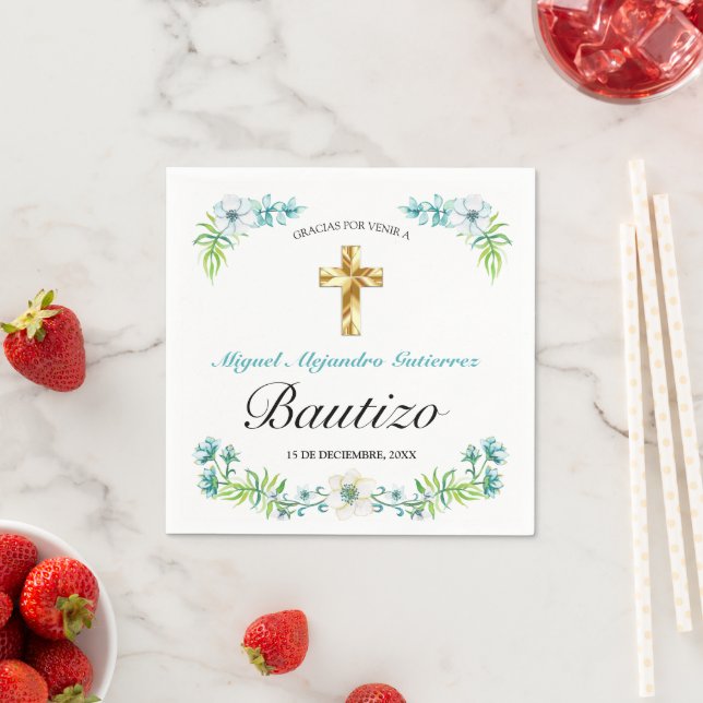 Elegante Flores y Cruz Para Niño Bautizo Serviette (Beispiel)