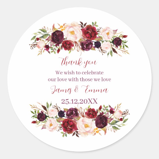 Elegante Florral Custom Wedding Runder Aufkleber (Vorderseite)