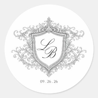 Elegante Flourish-Wappen-Monogramm-Hochzeits-Einla Runder Aufkleber