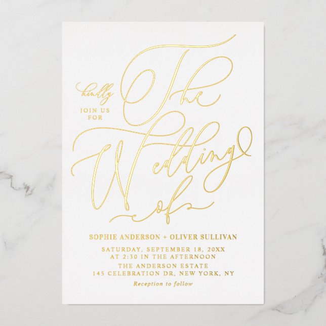 Elegante Foil Pressed Whimsical Calligraphy Weddin Folieneinladung (Vorderseite)
