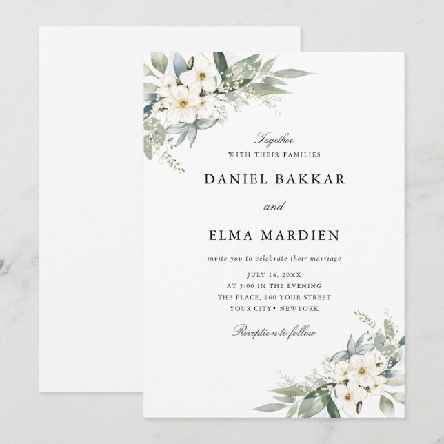 Elegante Foliage Boho Aquarell Blumen Hochzeit  Einladung (Vorne/Hinten)