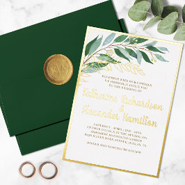 Elegante Foliage Botanical Gold Leaf Green Wedding Folieneinladung