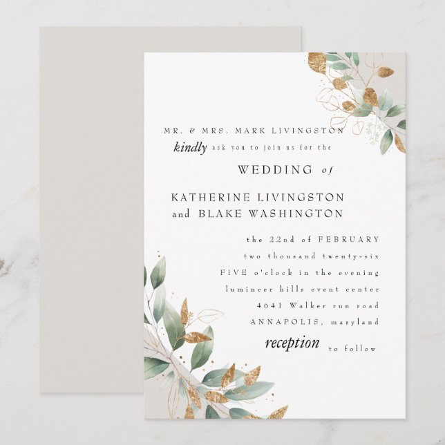 Elegante Foliage Cream Bride Eltern Hochzeitmatte Einladung (Vorne/Hinten)