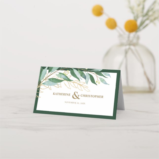 Elegante Foliage Forest Green Gold Hochzeit Platzkarte (Vorderseite)