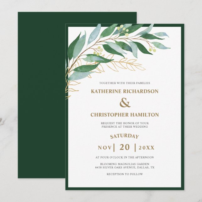 Elegante Foliage Forest Green Gold Leaf Hochzeit Einladung (Vorne/Hinten)