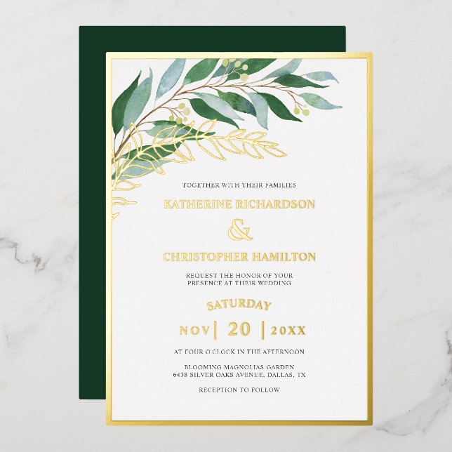 Elegante Foliage Forest Green Gold Leaf Hochzeit Folieneinladung (Vorderseite/Rückseite)