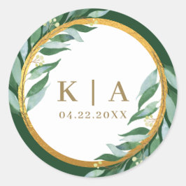 Elegante Foliage Gold Leaf Green Monogram Wedding Runder Aufkleber