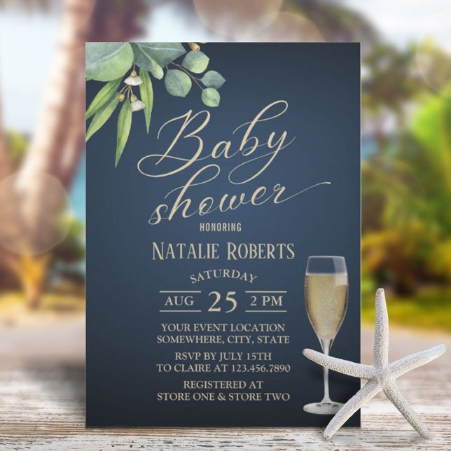 Elegante Foliage Gold Typografie Navy Baby Shower Einladung (Von Creator hochgeladen)