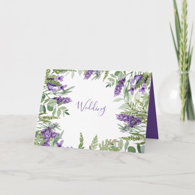 Elegante Foliage & Lavender Folded Wedding Karte (Vorderseite)