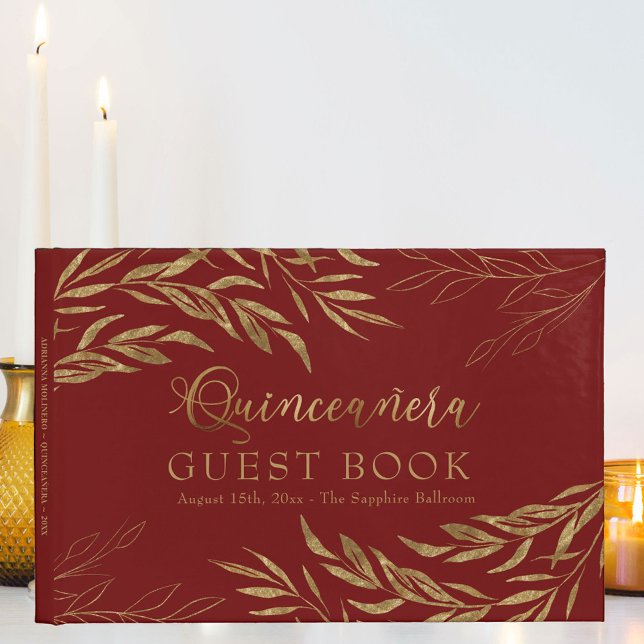 Elegante Foliage Red und Gold Quinceanera Gästebuch (Quinceanera signature book in red and gold, from my Gold Leaf Collection
)