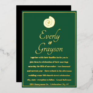 Elegante Forest Green and Gold Beach Hochzeit Folieneinladung