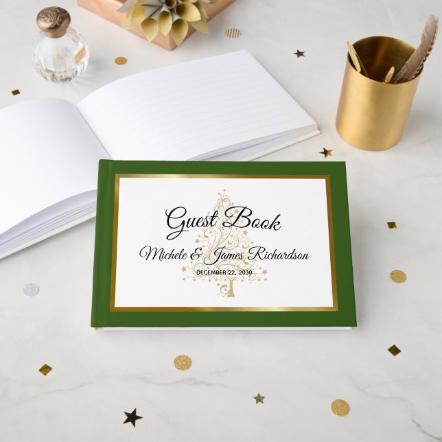 Elegante Forest Green Gold Winter Holiday Wedding Gästebuch (Vorderseite Offen)