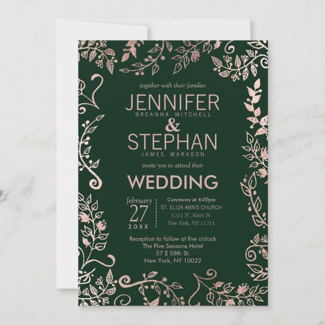 Elegante Forest Green Rose Goldflorale Hochzeit Einladung (Vorderseite)
