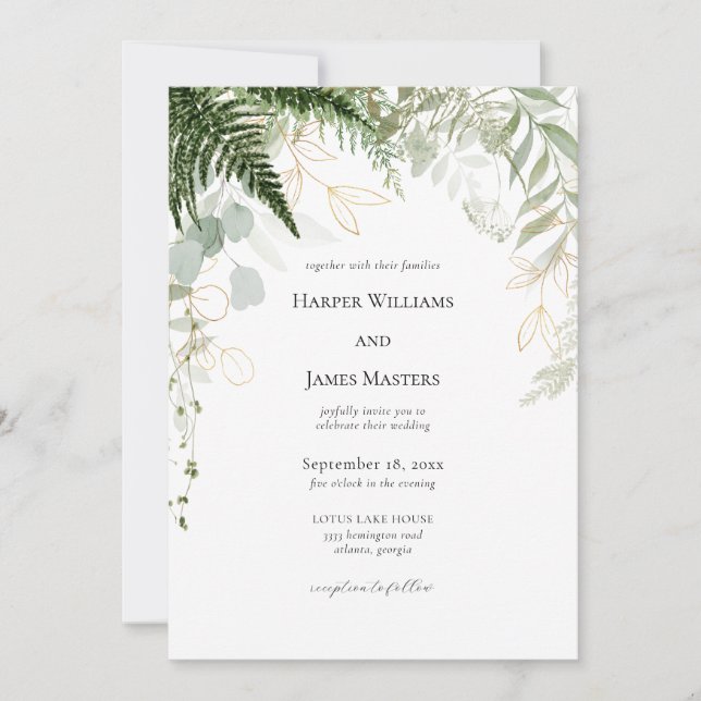 Elegante Forest Greenery und Gold Wedding Einladung (Vorderseite)