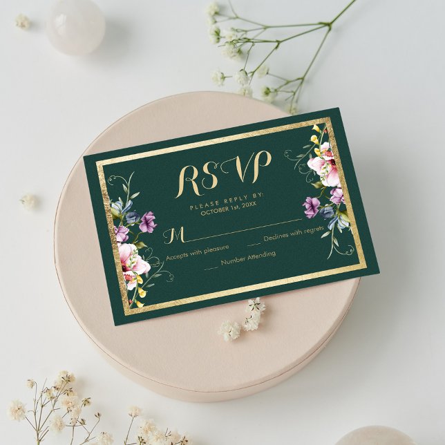 Elégante forêt vert or rose floral RSVP (Elegant forest green gold pink floral RSVP)
