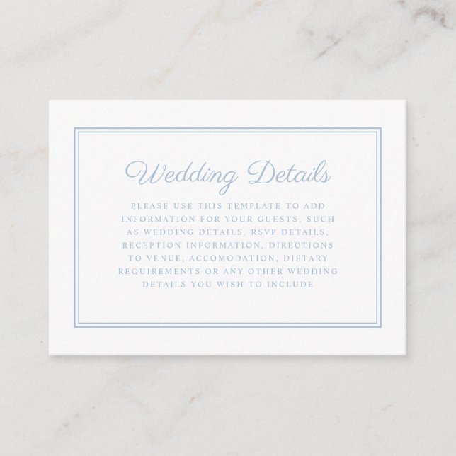 Elegante Formal Powder Blue Script Hochzeitsdetail Begleitkarte (Vorderseite)