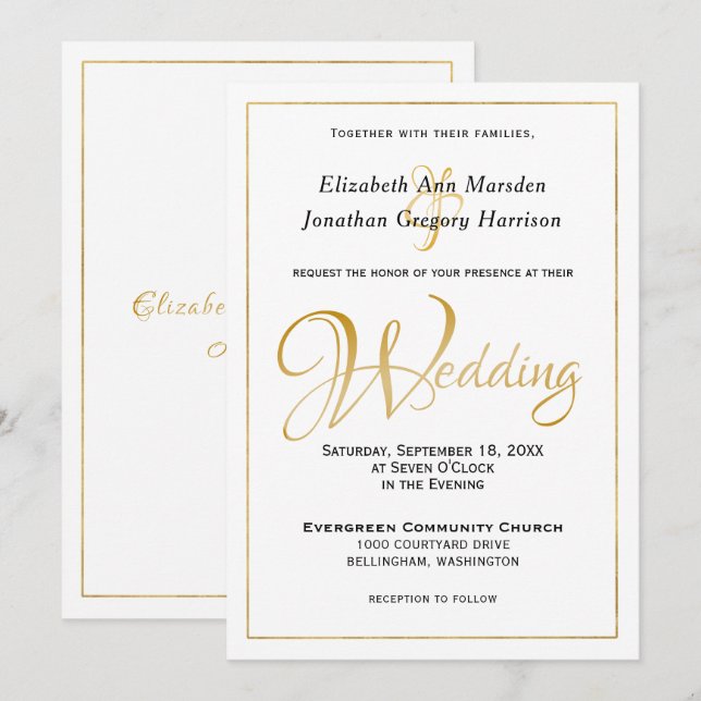 Elegante formale Gold Script Calligrafy Wedding Einladung (Vorne/Hinten)
