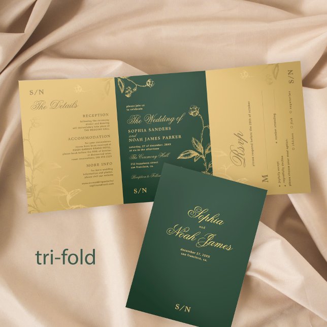 Elegante formale goldene Hochzeit RSVP Details Dreifach Gefaltete Einladung (Von Creator hochgeladen)