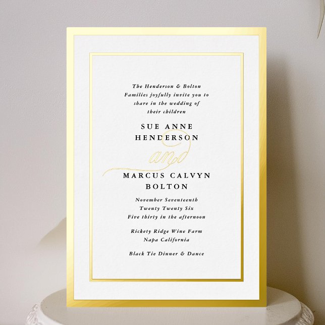 Elegante formale Kalligraphie-Goldrahmen-Hochzeit Folieneinladung (Von Creator hochgeladen)
