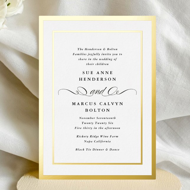 Elegante formale Kalligraphie-Goldrahmen-Hochzeit Folieneinladung (Von Creator hochgeladen)