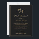 Elegante formale Monogram Black and Gold Wedding Einladung<br><div class="desc">Traditionelles Schwarz und Imitat Gold Hochzeitseinladung mit einem einfachen und klassischen Design mit Ihren beiden ersten Monogramm und Ihren Namen in einer eleganten Kalligraphie innerhalb eines dünnen Randes. Alle Designelemente können im Entwurfsbearbeitungstool geändert werden. Diese eleganten Einladungen sind perfekt für eine formelle Hochzeit.</div>