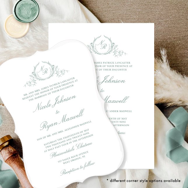 Elegante formale Monogram Pale Green Wedding Einladung (Von Creator hochgeladen)